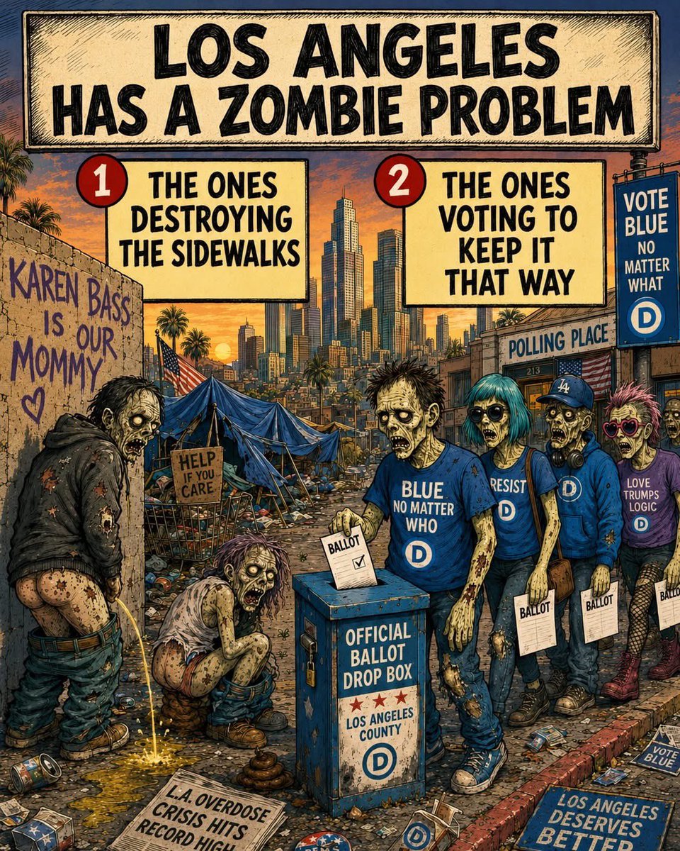 ToniLL22's tweet photo. Sad to see, but so true.👇🎯

This sadly sums it up.

Los Angeles has become a hellhole, and everybody can see it. 

The tents, the trash, the open drug use, the public disorder, the collapsing quality of life, none of it is hidden anymore.

But at the end of the day, the real problem is not just the politicians.

It is the voters who keep putting the same people back in charge, over and over again, then act shocked when they get the same results, only worse.

That is the part no one in polite society wants to say out loud.

Politicians do what voters reward. If failure gets reelected, failure becomes the plan. 

If decay gets excused, decay spreads. 

If every disaster is blamed on someone else while the same crowd keeps running the city, then the city gets exactly what it voted for.

And in places like Los Angeles, it feels even worse because the people who can leave often do. 

They move to safer, cleaner, more affordable places. They take their families, their money, and their common sense with them.

Meanwhile, the voters who stay behind seem to move even further left, demanding more of the same policies that helped create the mess in the first place.

That is how the spiral works.

The worse things get, the louder the excuses become. 

The louder the excuses become, the more power the same political machine gets. 

Then the decline accelerates, and everyone pretends nobody could have seen it coming.

At some point, voters have to stop blaming the weather, the economy, Republicans, corporations, landlords, police, or whoever the approved villain of the week happens to be.

Maybe try something different for once.

Maybe try sanity.

Maybe try accountability.

Maybe try Spencer Pratt and see how it goes.

Because whatever Los Angeles is doing now clearly is not working.