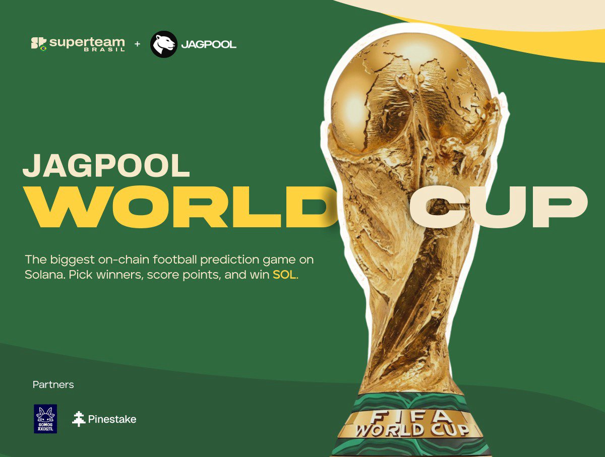 SuperteamBR's tweet photo. The World Cup is coming to Solana. ⚽️

Superteam Brazil x @JagPool_xyz  are launching a prediction game for the 2026 World Cup.

Over 20 JagSOL in prizes for participants + 10k SOL stake delegation for a lucky winning validator.

Play: https://t.co/GAxUs6G93C

1/3🧵
Details: 👇