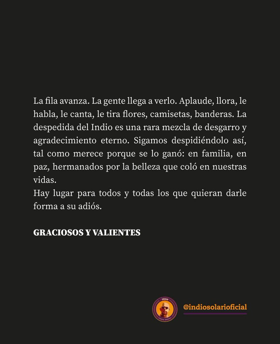 RockAndBall's tweet photo. "Hay lugar para todos y todas los que quieran darle forma a su adiós"

El nuevo comunicado de la familia del Indio mientras avanza la fila para despedirlo https://t.co/TeoXhx1HlD