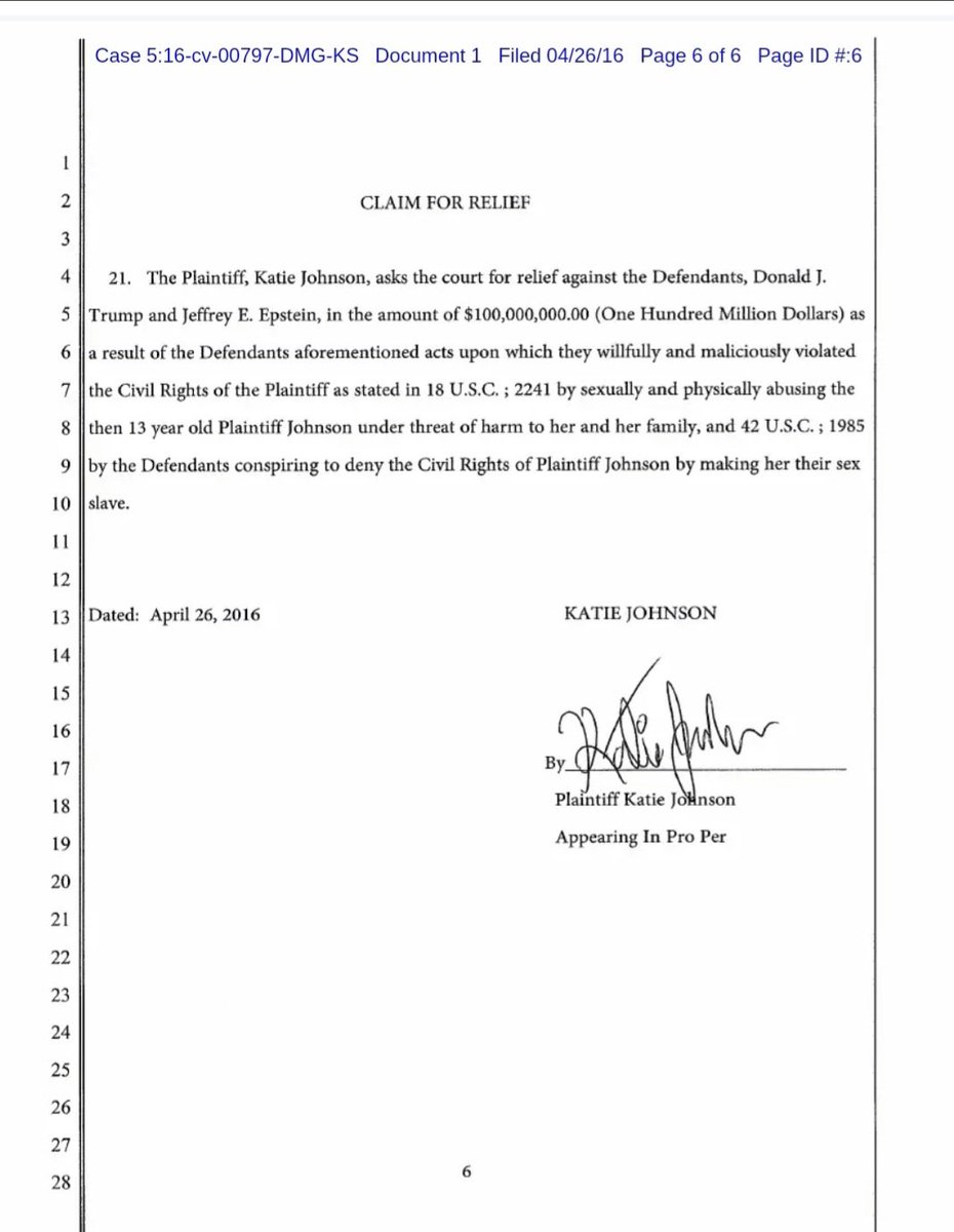 Concerned4us's tweet photo. Last 2pages>of Katie Johnson's sworn Testimony of what Trump&amp;Epstein did to her when she was 13yrs old, in early 90's NYC> +2Pages of Eyewitness sworn Testimony by girl who recruited Katie into Epstein's sex trafficking of young girls>that Trump was well aware of&amp;took part in> https://t.co/PxjhRDT2Ym