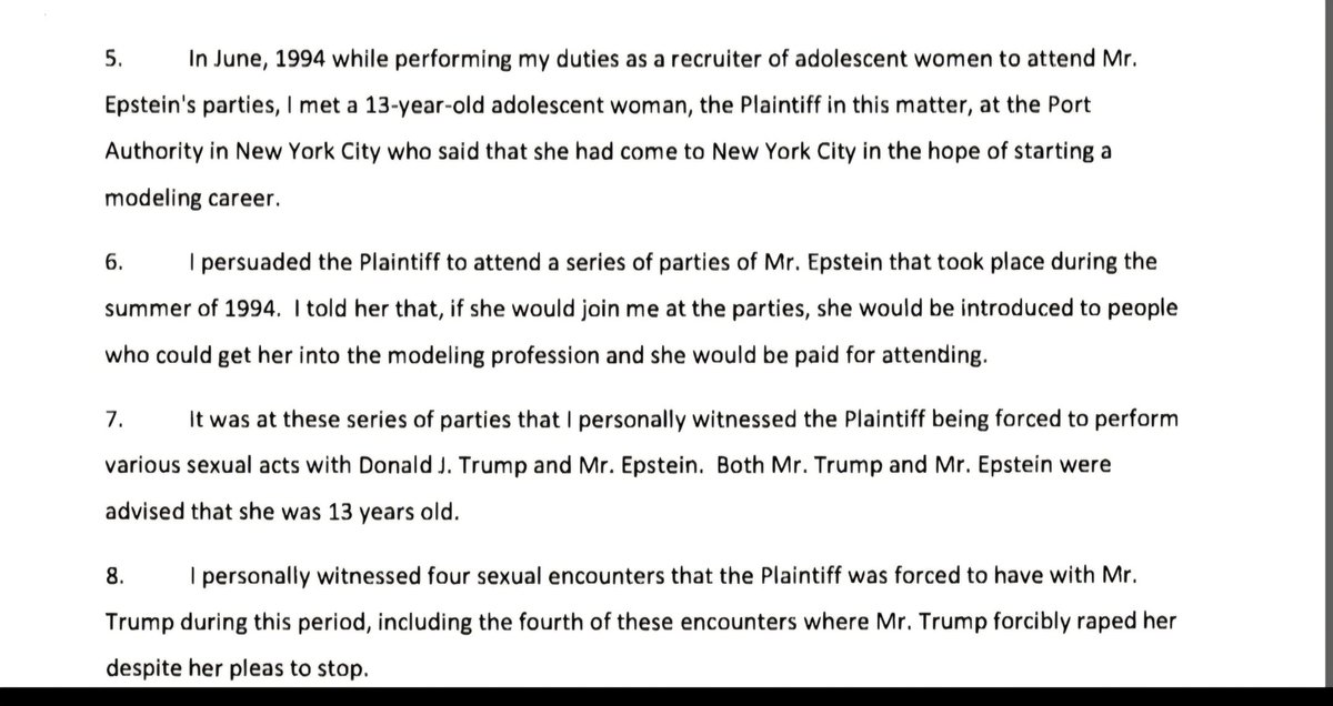 Concerned4us's tweet photo. Last 2pages>of Katie Johnson's sworn Testimony of what Trump&amp;Epstein did to her when she was 13yrs old, in early 90's NYC> +2Pages of Eyewitness sworn Testimony by girl who recruited Katie into Epstein's sex trafficking of young girls>that Trump was well aware of&amp;took part in> https://t.co/PxjhRDT2Ym