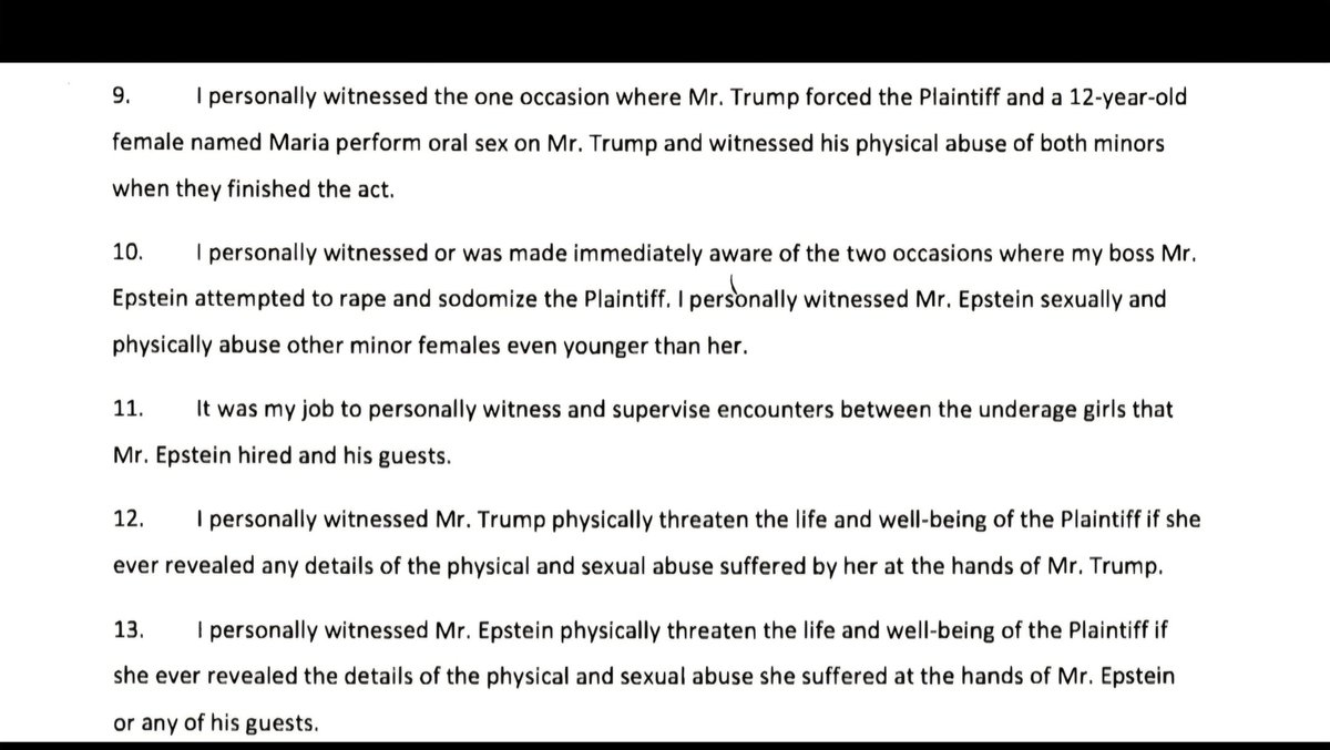 Concerned4us's tweet photo. Last 2pages>of Katie Johnson's sworn Testimony of what Trump&amp;Epstein did to her when she was 13yrs old, in early 90's NYC> +2Pages of Eyewitness sworn Testimony by girl who recruited Katie into Epstein's sex trafficking of young girls>that Trump was well aware of&amp;took part in> https://t.co/PxjhRDT2Ym