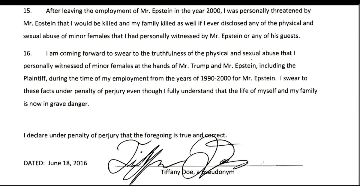 Concerned4us's tweet photo. Last page of signed sworn Testimony of Eyewitness to sex crimes committed by Trump&amp;Epstein against 13yr old Katie Johnson+photos of Katie's lawyer telling Press Katie was too scared to speak as planned>she had gotten death threats if she did>she dropped case&amp; went into hiding https://t.co/ina8ArrT1Q
