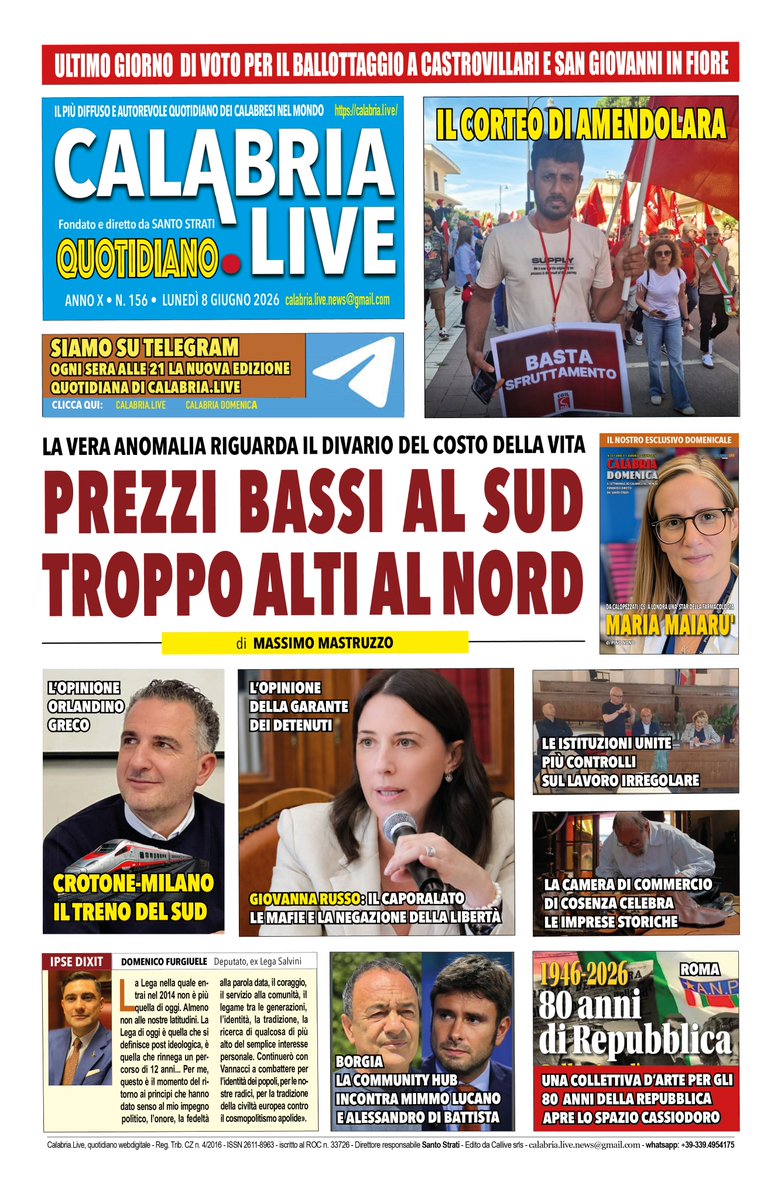 LiveCalabria's tweet photo. https://t.co/bf9f0U4yZ5 QUOTIDIANO LUNEDÌ 8 GIUGNO 2026
https://t.co/Yq8SSof7AG
#Calabria https://t.co/qegZr0pV0o