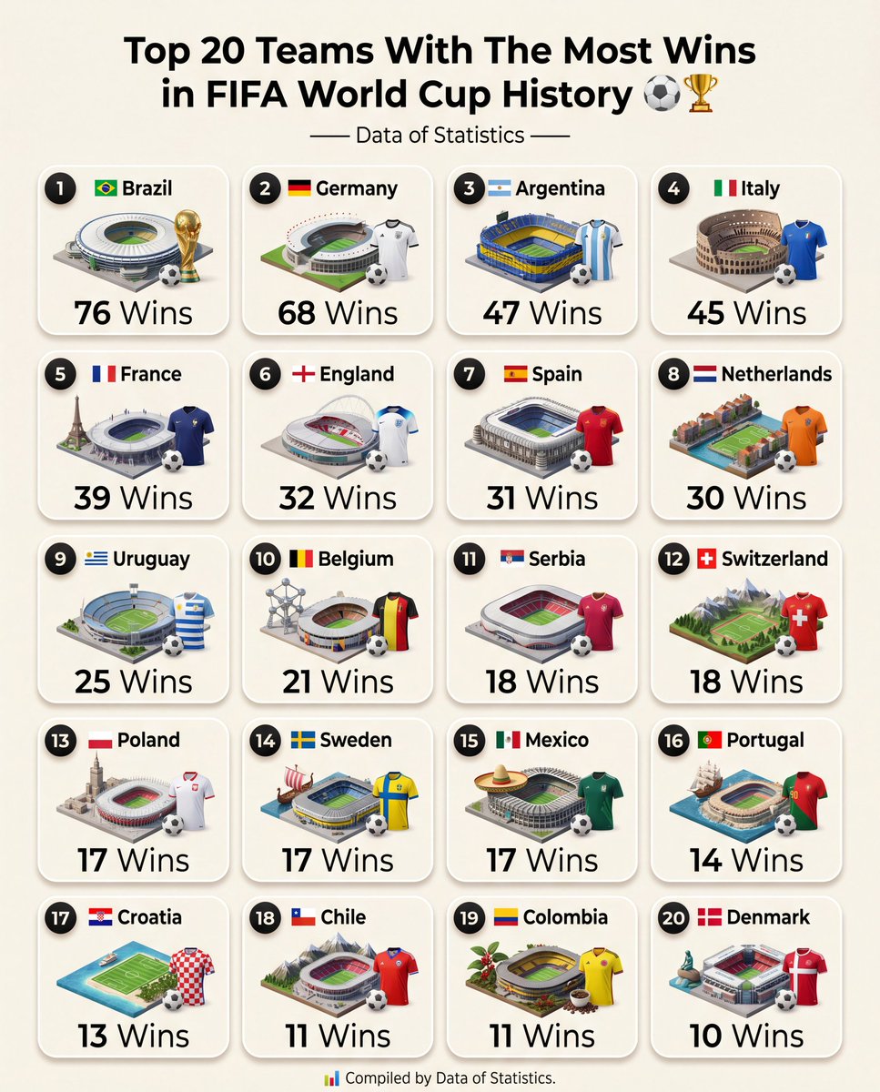 DataOfStats's tweet photo. Top 20 Teams With The Most Wins in FIFA World Cup History ⚽🏆

1. 🇧🇷 Brazil — 76 Wins
2. 🇩🇪 Germany — 68 Wins
3. 🇦🇷 Argentina — 47 Wins
4. 🇮🇹 Italy — 45 Wins
5. 🇫🇷 France — 39 Wins
6. 🏴󠁧󠁢󠁥󠁮󠁧󠁿 England — 32 Wins
7. 🇪🇸 Spain — 31 Wins
8. 🇳🇱 Netherlands — 30 Wins
9. 🇺🇾 Uruguay — 25 Wins
10. 🇧🇪 Belgium — 21 Wins
11. 🇷🇸 Serbia — 18 Wins
12. 🇨🇭 Switzerland — 18 Wins
13. 🇵🇱 Poland — 17 Wins
14. 🇸🇪 Sweden — 17 Wins
15. 🇲🇽 Mexico — 17 Wins
16. 🇵🇹 Portugal — 14 Wins
17. 🇭🇷 Croatia — 13 Wins
18. 🇨🇱 Chile — 11 Wins
19. 🇨🇴 Colombia — 11 Wins
20. 🇩🇰 Denmark — 10 Wins

📊 Compiled by Data of Statistics.