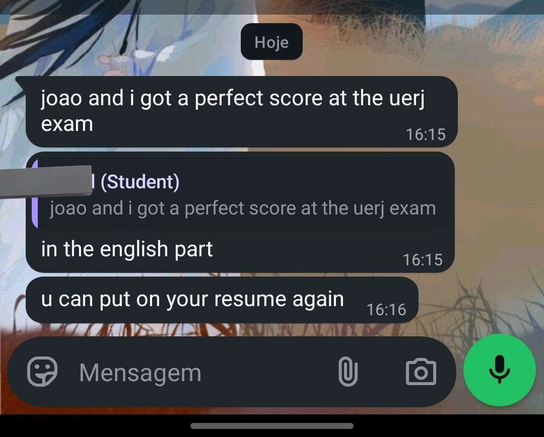 wwxtae's tweet photo. minha aluna de 17 anos td vez q ela gabarita a parte de ingles de algum exame nacional concurso etc ela me manda falando q eu posso por isso no meu curriculo de professora affeee fofa https://t.co/rv7SHvdfPr