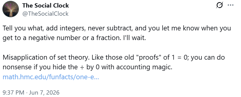 JonasBarend's tweet photo. @TheSocialClock @Lewiswbt1 I already posted a very clear video how the proof works. This is not fringe mathematics; it's an unintuitive result, yet very correct.
It's just as "wrong" as 1-1+1-1... adds up to 1/2, which also is only true then actually going to infinitiy. But this, also this is correct https://t.co/L5AlWZWKBe