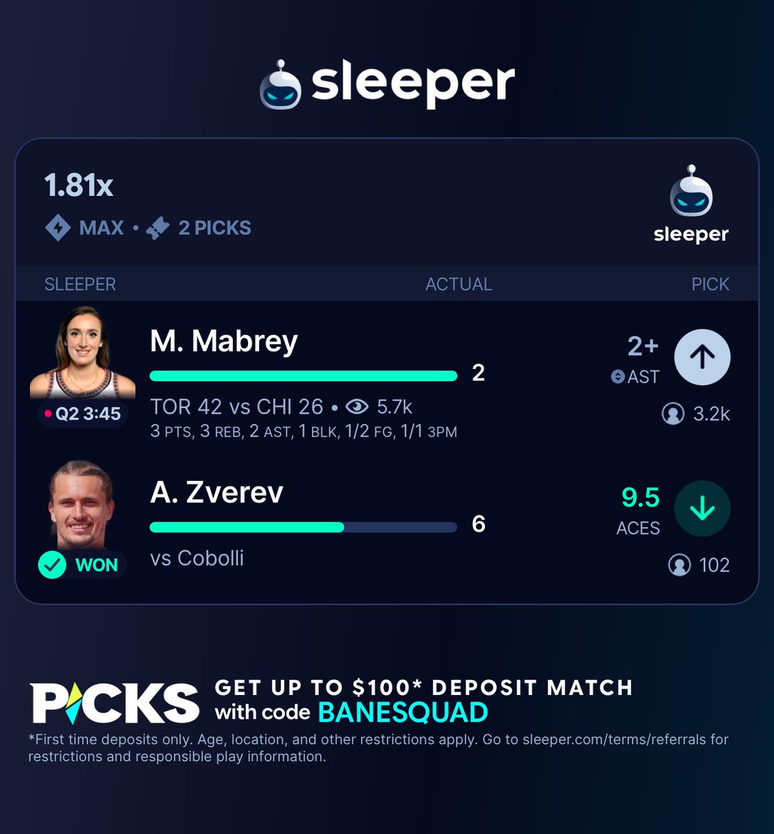 BaneSquad_'s tweet photo. CASH SLEEPER ✅✅

We currently 6/6 on Sleeper Picks this weekend https://t.co/zPn9NtmFyX