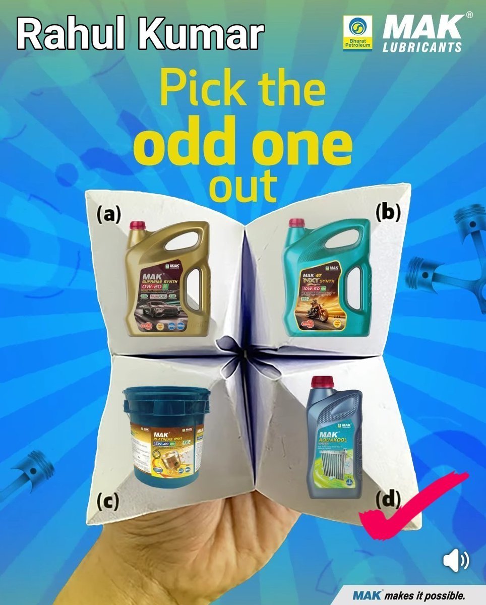 rahul_kumar029's tweet photo. @BPCLMakLubes (d) MAK Aquakool 🚗❄️

Because it is a coolant, while (a), (b), and (c) are lubricating engine oils. ✅

@BPCLMakLubes #MAKContest #MAKLubricants #OddOneOutChallenge #ContestAlert #MAKMakesItPossible 

Join @alpa_gupta @Anitapratapsing @anublue30 @asmipat7 @blessedkamal @Sneeha_ https://t.co/Cazu87YdG4