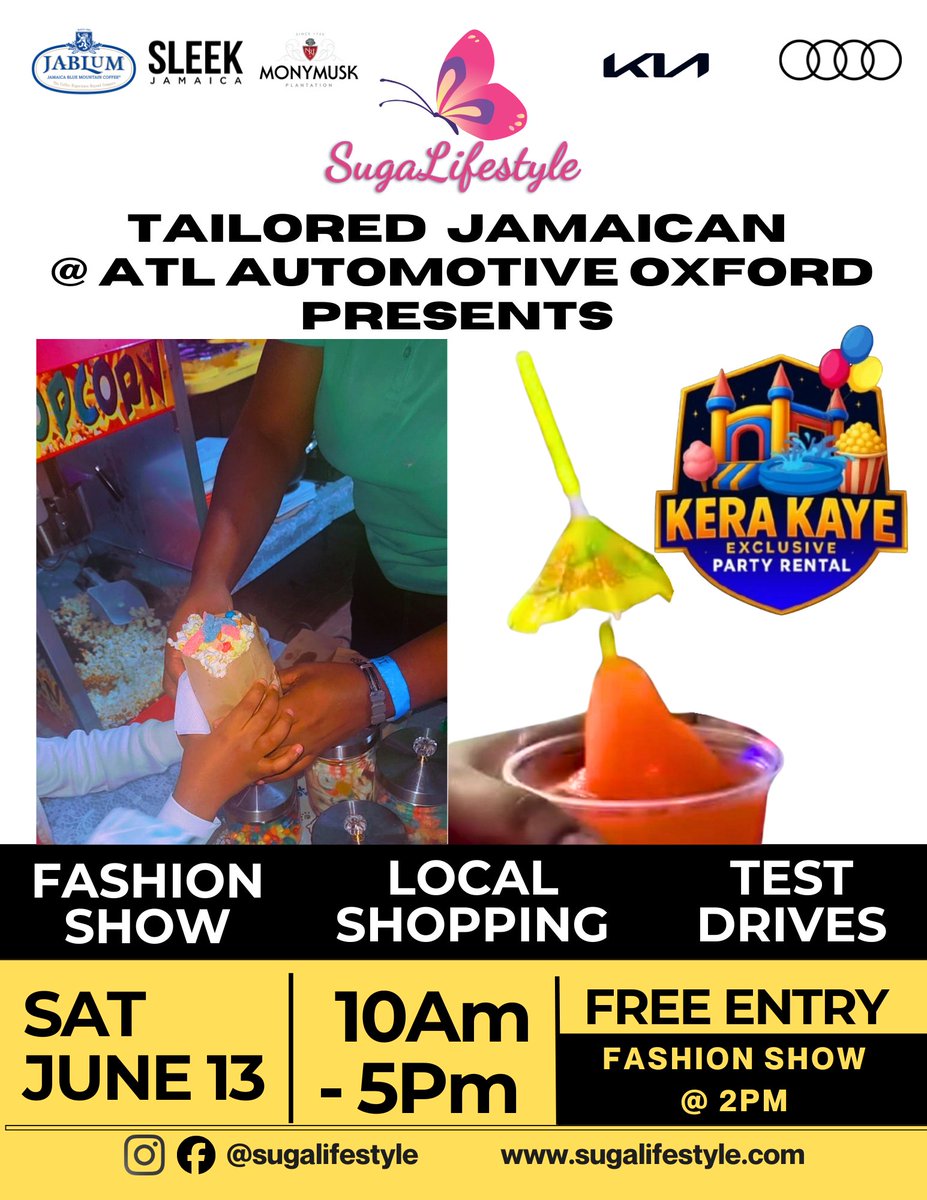 Gabizzle's tweet photo. A FAMILY AFFAIR Next SATURDAY, JUNE 13!
Slushies, Popcorn, Ice Flakes, Yummy, Guilt-Free Desserts!
Shop and Pre- Celebrate Father's Day with us!
Local Shopping, a Fashion Show, Test Drives, Bounce-a-bout for the Kids &amp; more @sugalifestyle's Tailored Jamaican at ATL Oxford ! https://t.co/ynsPiPNQhI