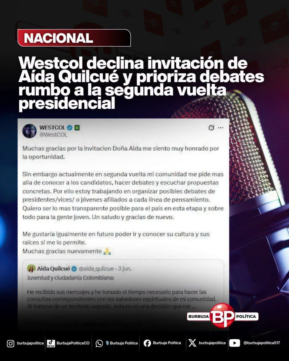 marchenojob's tweet photo. #Elecciones2026 Westcol declina invitación de Aída Quilcué y prioriza debates rumbo a la segunda vuelta presidencial

El creador de contenido Luis Fernando Villa, conocido en redes sociales como Westcol, rechazó la invitación realizada por Aída Quilcué, fórmula vicepresidencial de Iván Cepeda, para realizar una transmisión en vivo desde un territorio indígena, argumentando que su prioridad actual es promover espacios de debate de cara a la segunda vuelta presidencial.

A través de su cuenta en X, el streamer agradeció la invitación y aseguró sentirse honrado por la propuesta. Sin embargo, explicó que en este momento busca generar escenarios donde los ciudadanos, especialmente los jóvenes, puedan conocer y contrastar las propuestas de las diferentes campañas.

“Quiero ser lo más transparente posible para el país en esta etapa y sobre todo para la gente joven”, manifestó Westcol al explicar su decisión.

La invitación había sido aceptada previamente por Quilcué, quien informó que consultó la propuesta con las autoridades y sabedores de su comunidad debido al carácter sagrado del territorio donde se desarrollaría el encuentro. Tras ese proceso, la dirigente indígena había dado luz verde a la visita del creador de contenido.

Pese a rechazar la actividad por ahora, Westcol dejó abierta la posibilidad de visitar la comunidad en el futuro para conocer de cerca su cultura y tradiciones.

El influenciador también se refirió a las versiones sobre una supuesta cancelación de un encuentro con Iván Cepeda. Según explicó, la transmisión fue planteada desde etapas anteriores de la campaña y aseguró que continúa interesado en realizar espacios de conversación con distintos sectores políticos.

En medio de la recta final de la campaña presidencial, la participación de figuras digitales como Westcol se ha convertido en un elemento relevante para acercar las discusiones políticas a nuevas audiencias, especialmente entre los votantes más jóvenes.
@aida_quilcue
