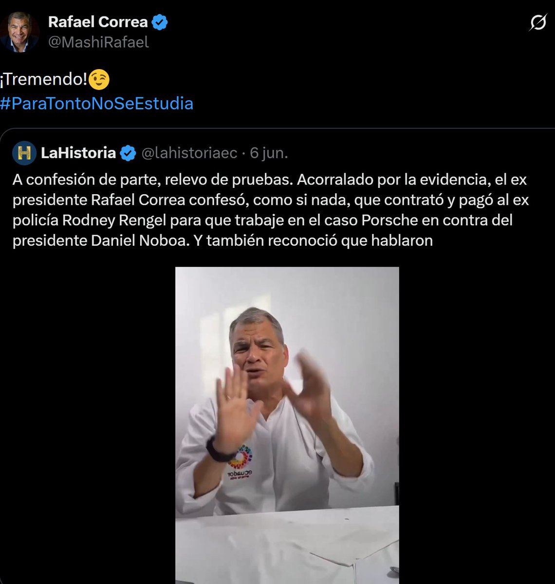 lahistoriaec's tweet photo. El asostado. El ex presidente Rafael Correa dijo que no recuerda si conoce personalmente al ex policía Rodney Rengel, a quien contrató por Zoom para el caso Porsche; pero de inmediato las hijas de Fernando Villavicencio publicaron fotos de Rengel junto a Correa y al ex ministro José Serrano.