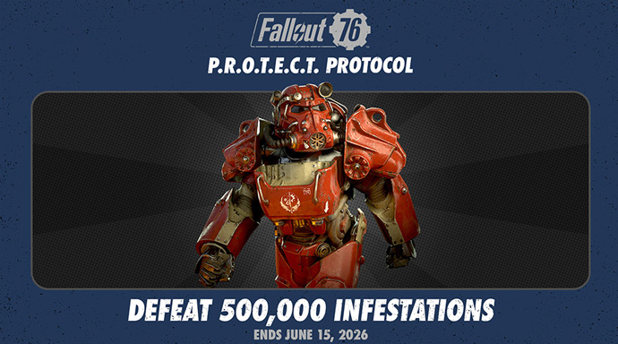 Vault76info's tweet photo. 【Fallout 76】B.O.S.の緊急対応作戦『P.R.O.T.E.C.T.プロトコル』が発動！  
https://t.co/4StkODfPSc  
本日から「大群」の攻略数を集計するコミュニティチャレンジがスタート。
 ☢️報酬は赤いT-60パワーアーマー！
 ☢️Mr.ファジーの頭部が配布（⚠️本日限定）
☢️Fallout 1st」無料期間も開始 https://t.co/zAldVD0Z63