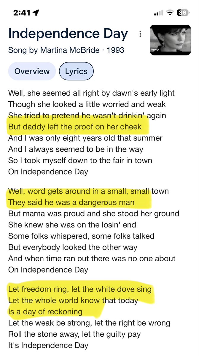 JeaneanSatoris's tweet photo. @SecretaryBurgum @WhiteHouse Everyone keeps posting “Independence Day” by Martina McBride. Does anyone “truly” know what this song is about?? A woman is “getting permanently even” with an abusive husband. It’s “her” Independence Day. https://t.co/TVQ7DDlzp5
