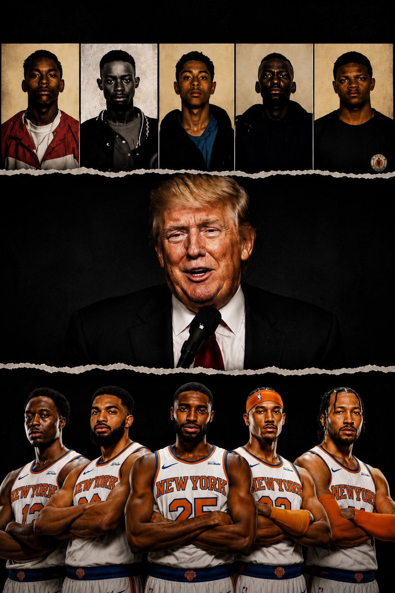 PAOaful's tweet photo. The irony of Trump calling for the death penalty for 5 Black and Brown boys, but now wanting to be entertained by 5 Black and Brown men. 🤔 

#CentralPark5 #NYKnicks https://t.co/baUdITWpKh