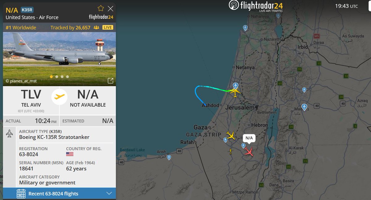 BobMilOSINT's tweet photo. At least 2x Boeing KC-135R Stratotanker's are currently in the air, having flown out from Ben Gurion airport. https://t.co/mtydvJK27q
