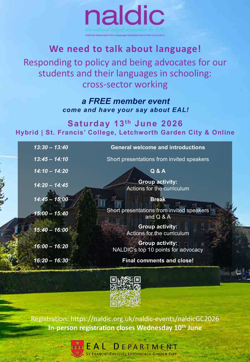 N4N_P's tweet photo. We're hosting a Free #EAL event for #NALDIC members:
"Responding to policy and being advocates for our students and their languages in schooling:cross-sector working"
Where: @StFrancisHerts Letchworth &amp; Online
When: Sat 13th June 13:30 - 16:30
Register: https://t.co/ebRwMOWaMG https://t.co/2Kn8v1SqW7