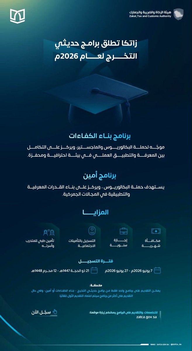 roaaa_2030's tweet photo. تعلن #هيئة_الزكاة_والضريبة_والجمارك عن إطلاق برامج لحديثي التخرج لعام 2026م 

📍برنامج بناء الكفاءات
📍 برنامج أمين

✅ مكافأة شهرية / اجازة سنوية / التأمينات / تأمين طبى

للمزيد من التقديم من هنا : 

https://t.co/ttxZCvviXj https://t.co/ckcEEzypgq