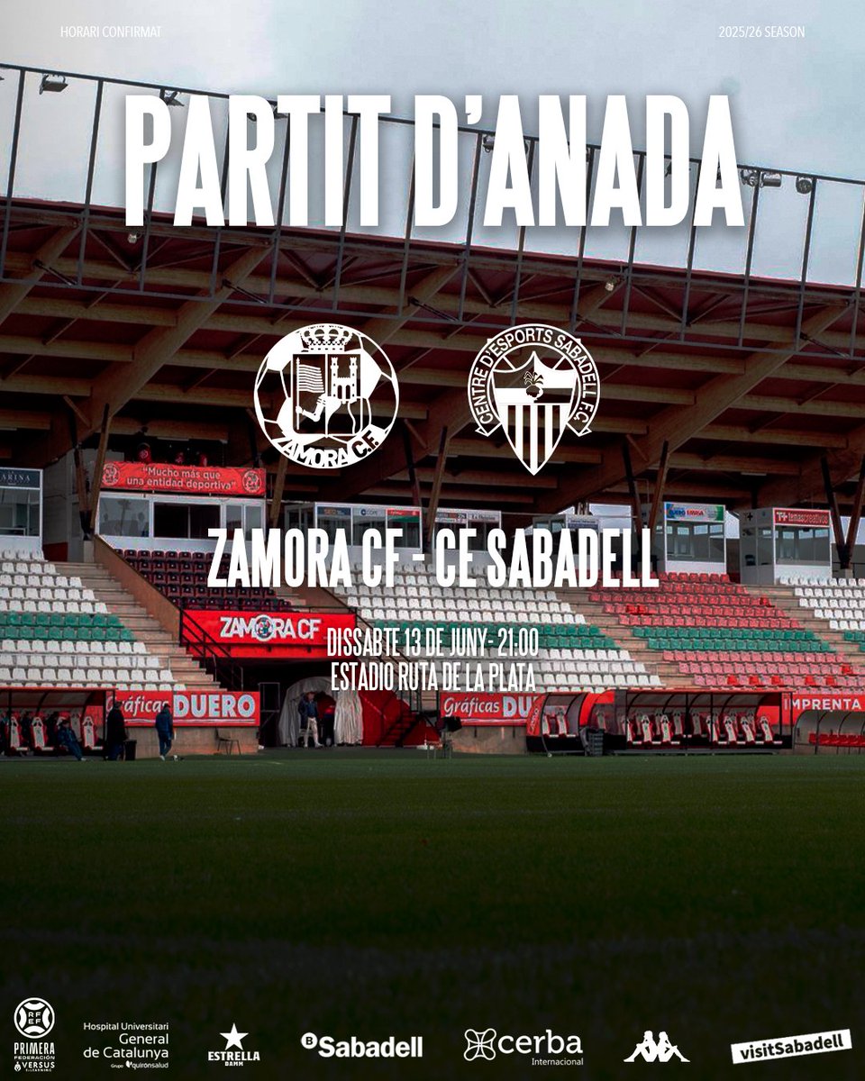 CESabadell's tweet photo. 📍 𝗛𝗢𝗥𝗔𝗥𝗜 𝗗𝗘 𝗟𝗔 𝗙𝗜𝗡𝗔𝗟 𝗗𝗘𝗟 𝗣𝗟𝗔𝗬-𝗢𝗙𝗙

1️⃣ Anada a l'Estadio Ruta de la Plata el dissabte 13 de juny a les 21:00h
 
2️⃣ Tornada a la Nova Creu Alta el divendres 19 de juny a les 21:00h

ℹ️ Ben aviat, tota la informació sobre les entrades https://t.co/8EWBiIoyD6