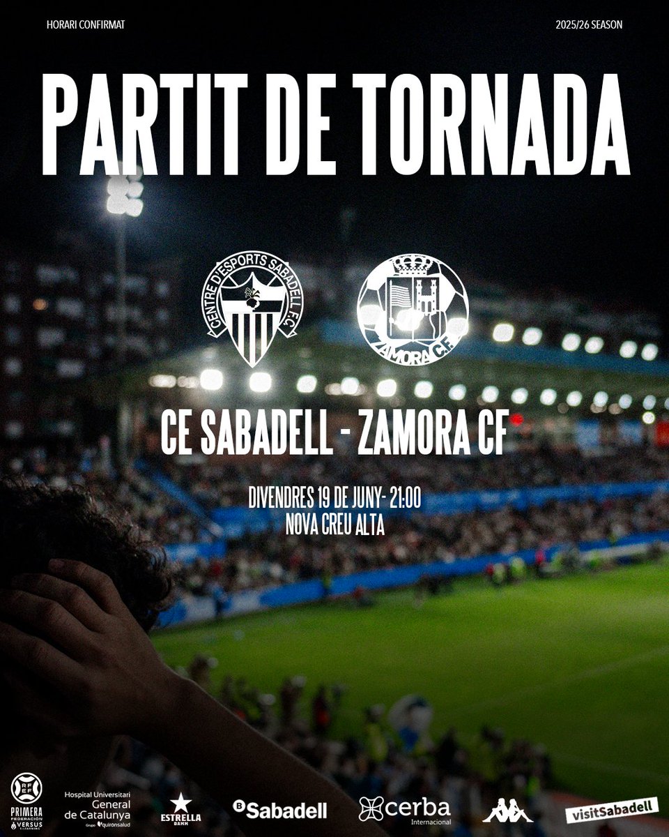 CESabadell's tweet photo. 📍 𝗛𝗢𝗥𝗔𝗥𝗜 𝗗𝗘 𝗟𝗔 𝗙𝗜𝗡𝗔𝗟 𝗗𝗘𝗟 𝗣𝗟𝗔𝗬-𝗢𝗙𝗙

1️⃣ Anada a l'Estadio Ruta de la Plata el dissabte 13 de juny a les 21:00h
 
2️⃣ Tornada a la Nova Creu Alta el divendres 19 de juny a les 21:00h

ℹ️ Ben aviat, tota la informació sobre les entrades https://t.co/8EWBiIoyD6