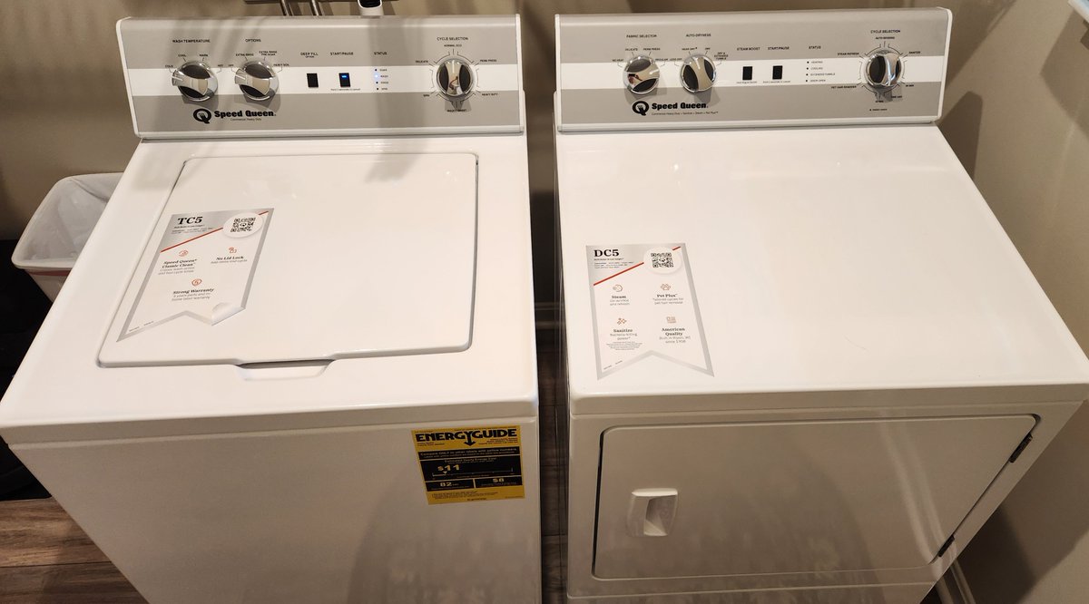Gargux's tweet photo. A month ago I got a Speed Queen Tc5 and Dc5 washer dryer I can say I wish I did years ago.

Built like tanks, no lid lock, very little electronics, and do their job quickly and very well.

They are pricey and need vibration furniture feet under them but man they are old school. https://t.co/Th3IdIbL1t