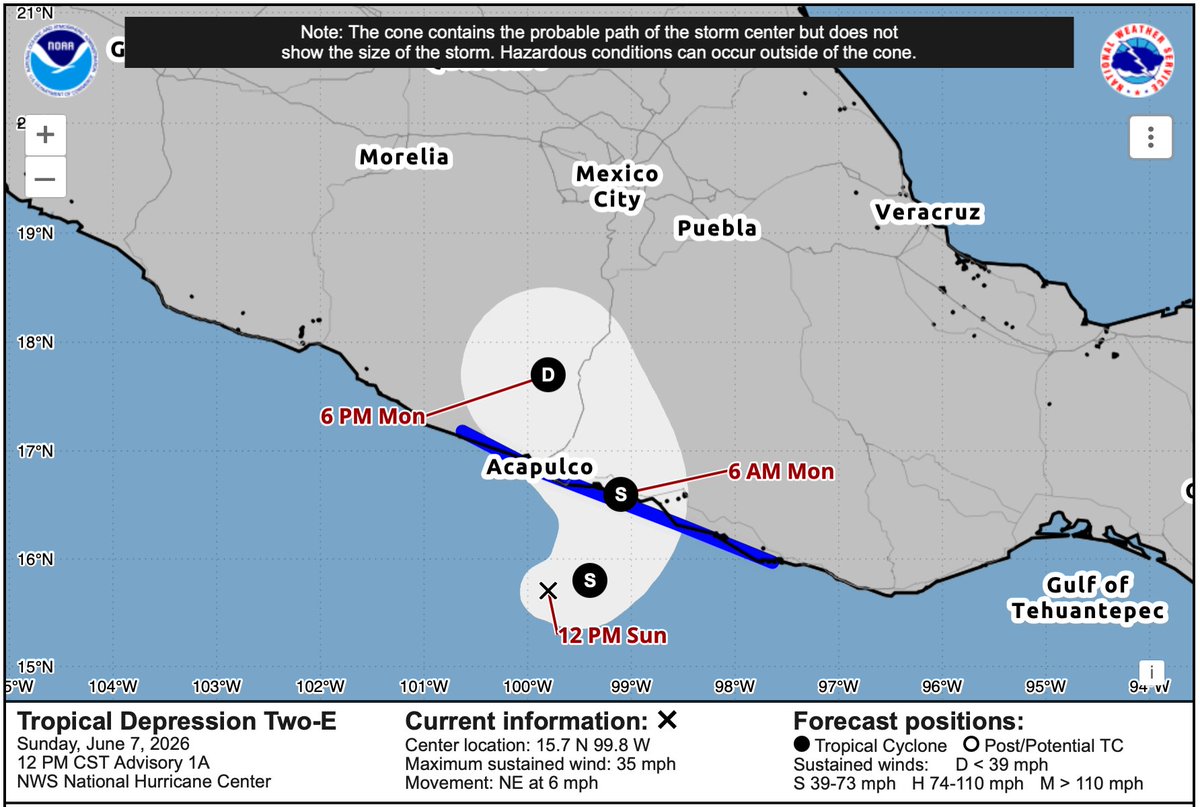 MauroMoralesMtz's tweet photo. A las 12:00 la Depresión Tropical 2-E se ubica:
Posición: 135 Km al sur de #Acapulco, Gro.
Vientos: 55 Km/h
Movimiento: Noreste a 9 Km/h.
Se espera que por la tarde/noche alcance la categoría de #TormentaTropical y por la madrugada tocaría tierra cerca de #Copala, Gro. https://t.co/SFDZhC778b