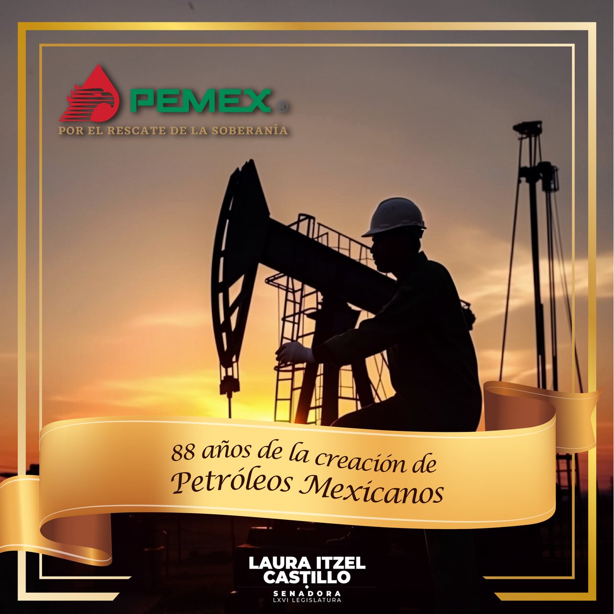 LauraI_Castillo's tweet photo. Hace 88 años nació @Pemex, una empresa fundamental en la historia de México y en la defensa de nuestra soberanía nacional.

Su labor ha contribuido a consolidar la independencia económica del país y a proveer la energía que impulsa el desarrollo con justicia social y la transformación de nuestra nación. 🇲🇽⚡