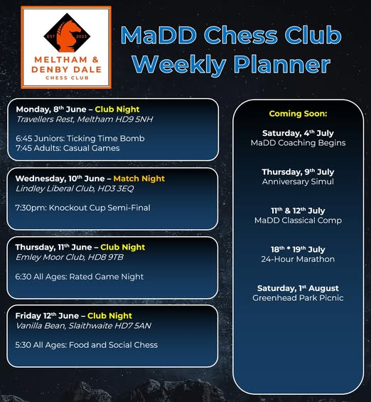MaDDChess's tweet photo. Next weeks schedule! #chess https://t.co/L35VnefWvJ