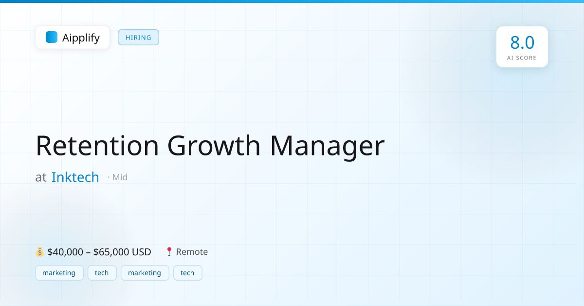 aipplify's tweet photo. Retention Growth Manager @ Inktech
📍 Remote · 💰 $40,000 – $65,000 USD
Match &amp; Apply → https://t.co/fcSotY9l7F
#marketing #tech https://t.co/6wSfpmmXsX