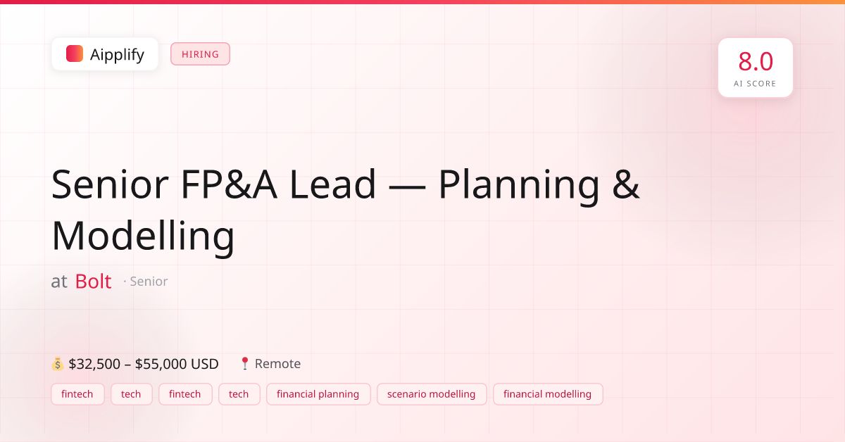 aipplify's tweet photo. Senior FP&A Lead — Planning & Modelling @ Bolt
📍 Remote · 💰 $32,500 – $55,000 USD
Match & Apply → https://t.co/Hi9FzBhjbO
#fintech #tech https://t.co/1M3xaaodUA