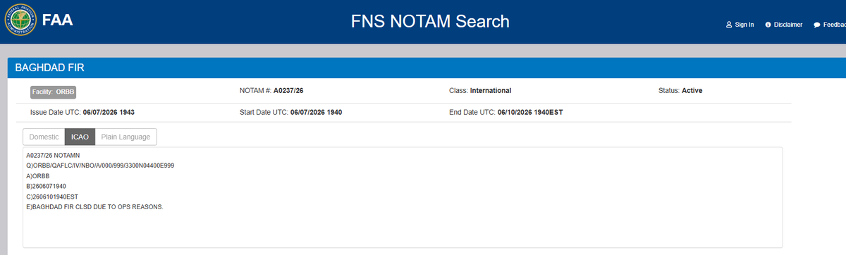Faytuks's tweet photo. BREAKING: Iraq closes airspace following missiles launched from Iran towards Israel, according to NOTAM https://t.co/9RO3RrDCmy