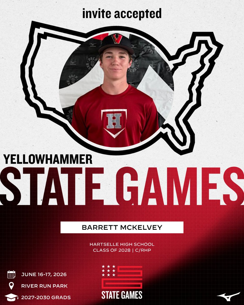 PrepBaseballAL's tweet photo. 𝐈𝐧𝐯𝐢𝐭𝐞 𝐀𝐜𝐜𝐞𝐩𝐭𝐞𝐝 ✅

@BMcKelvey10 is headed to the 2026 Yellowhammer State Games this June.

📍 River Run Park | Northport, AL
📅 June 16-17, 2026

Learn more and request your invite below. 👇

🔗: https://t.co/ONiSCArk3z || #YSGames26 https://t.co/embyVniEJZ