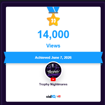 TrophyNightmare's tweet photo. In just 6hrs we have went from 12k views to 14k views!

Honestly am so thankful for everyone who has tuned in, watched a video and supported my passion project! https://t.co/WQrPUhguOP