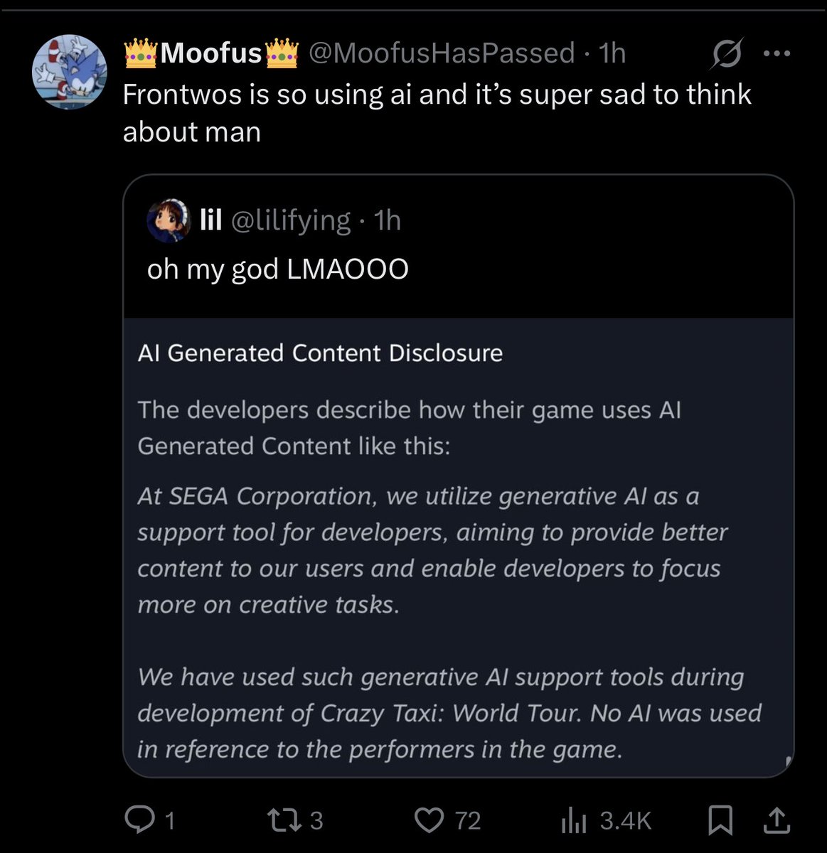 Satoru_Yand's tweet photo. This probably means Sega Sapporo used Github Copilot or some shit to prototype code, not generate art or models. Capcom did this for Resident Evil 9 and Pragmata and no one had a problem.
But it’s Sega and thereby linked to Sonic so it’s time for Sonic fans to blindly doompost! https://t.co/3ekQZib7q4