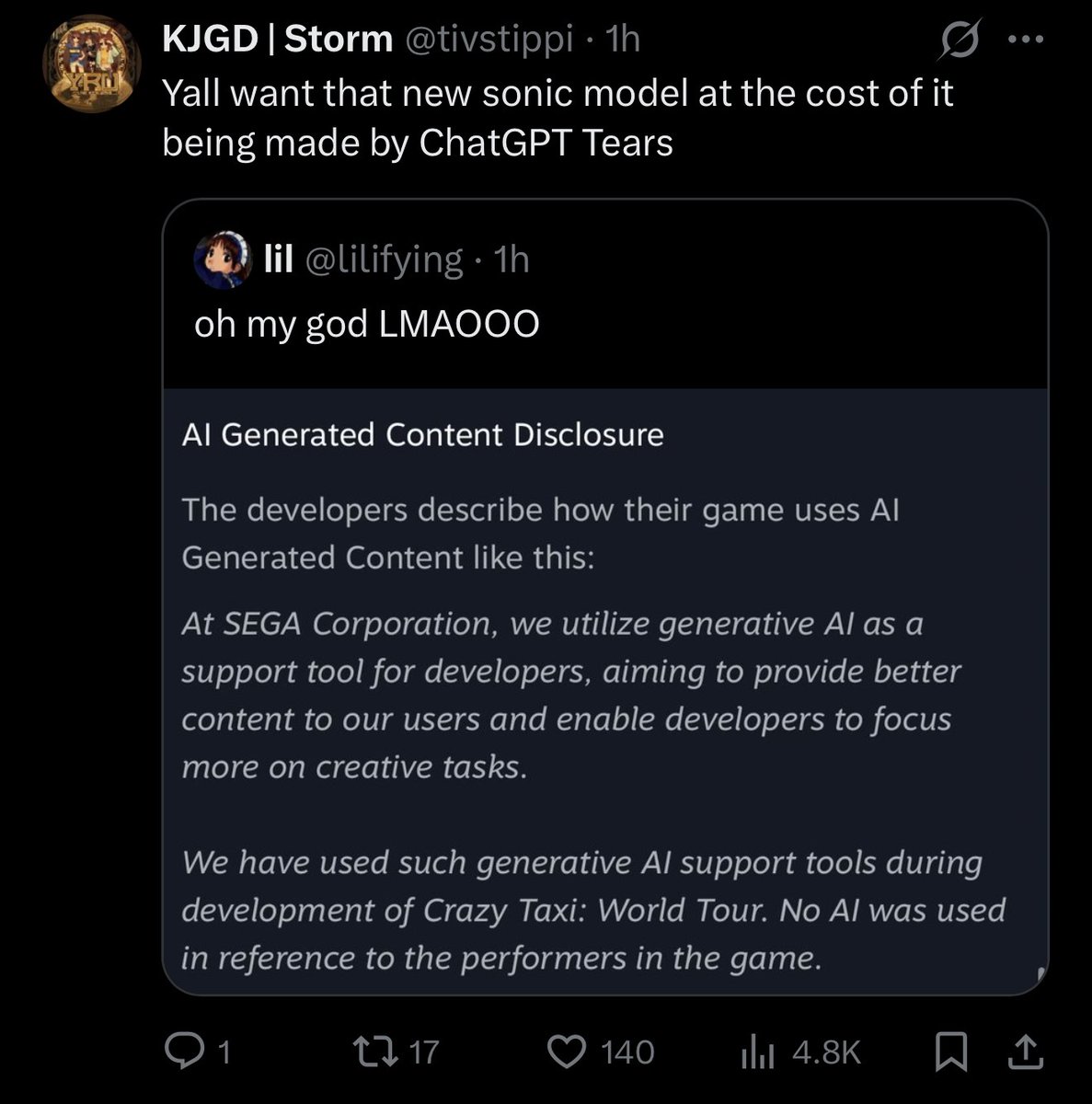 Satoru_Yand's tweet photo. This probably means Sega Sapporo used Github Copilot or some shit to prototype code, not generate art or models. Capcom did this for Resident Evil 9 and Pragmata and no one had a problem.
But it’s Sega and thereby linked to Sonic so it’s time for Sonic fans to blindly doompost! https://t.co/3ekQZib7q4