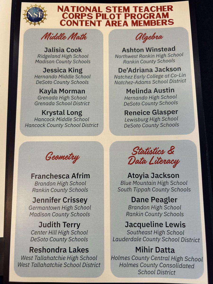 CheredaD_Math's tweet photo. Four teachers from DCS were selected to serve as National Stem Teacher Corps Pilot Program Content Area Members: Melinda Austin(HHS), Jessica King ( HMS), Reneice Glasper (LHS), and Judy Terry (CHHS) @DCSeNews https://t.co/kmGXUYzovk