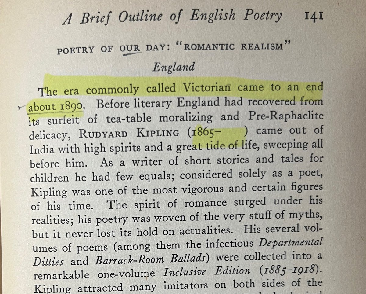sensitive_bore's tweet photo. the first portion highlighted was more surprising for me to read than the second one, but just barely. 

in all fairness, learning that the (“any”… ) victorian era was over by 1890 would have shocked queen victoria too. 

louis untermeyer, the forms of poetry, 1926. https://t.co/TdEVgwJaFy