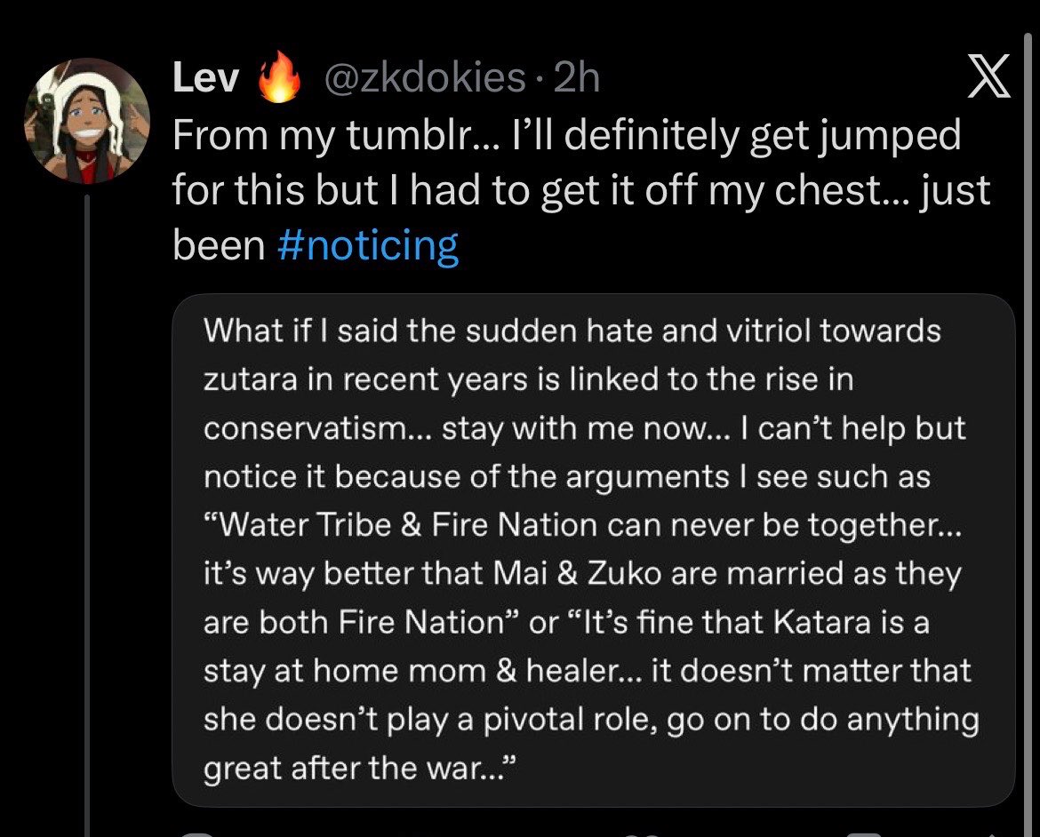 yurichaela's tweet photo. the rise of vitriol against zk has nothing to do with the rise of conservatism when you consider that 1) it was still much more popular than kataang back in 2016 during the first trump presidency and 2) a lot of the audience who vocally dislike it are queer bipoc in fandom spaces https://t.co/CDvinMlcl6