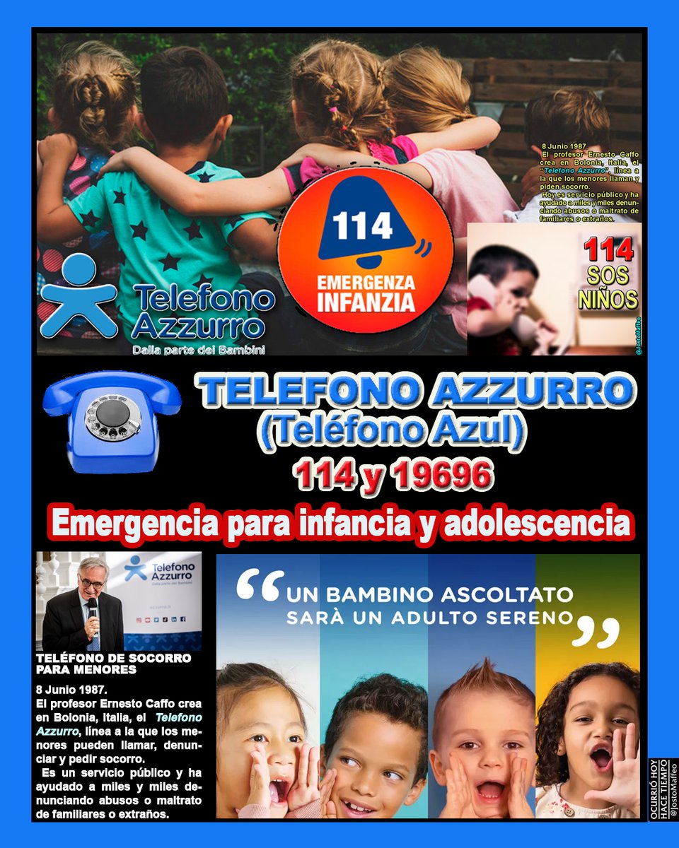 JostoMaffeo's tweet photo. 1⃣1⃣4⃣ 🆘 PARA NIÑOS 

8 Junio 1987. El prof. Ernesto #Caffo crea en #Bolonia #Italia 🇮🇹 #TelefonoAzzurro, línea a la que los #menores llaman y piden socorro.
 Es servicio público y ayuda a miles y miles denunciando abusos o maltrato de familiares o extraños. 

cc @112cmadrid https://t.co/GPhbVAG24f