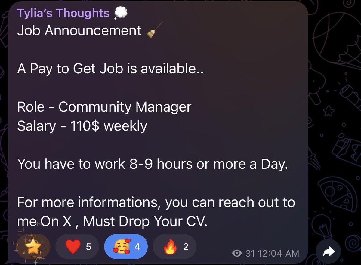 OxTylia's tweet photo. A Project is Hiring 💭

A web3 Dev is looking For A Community Manager .

Pay - $110 Weekly 
Schedules - 8-9 Hours a Day

If you have years of experienced and enough skills to handle the Community,

You can just Dm to Me with Your CV

Thanks…..! https://t.co/8cyj2AhYCs