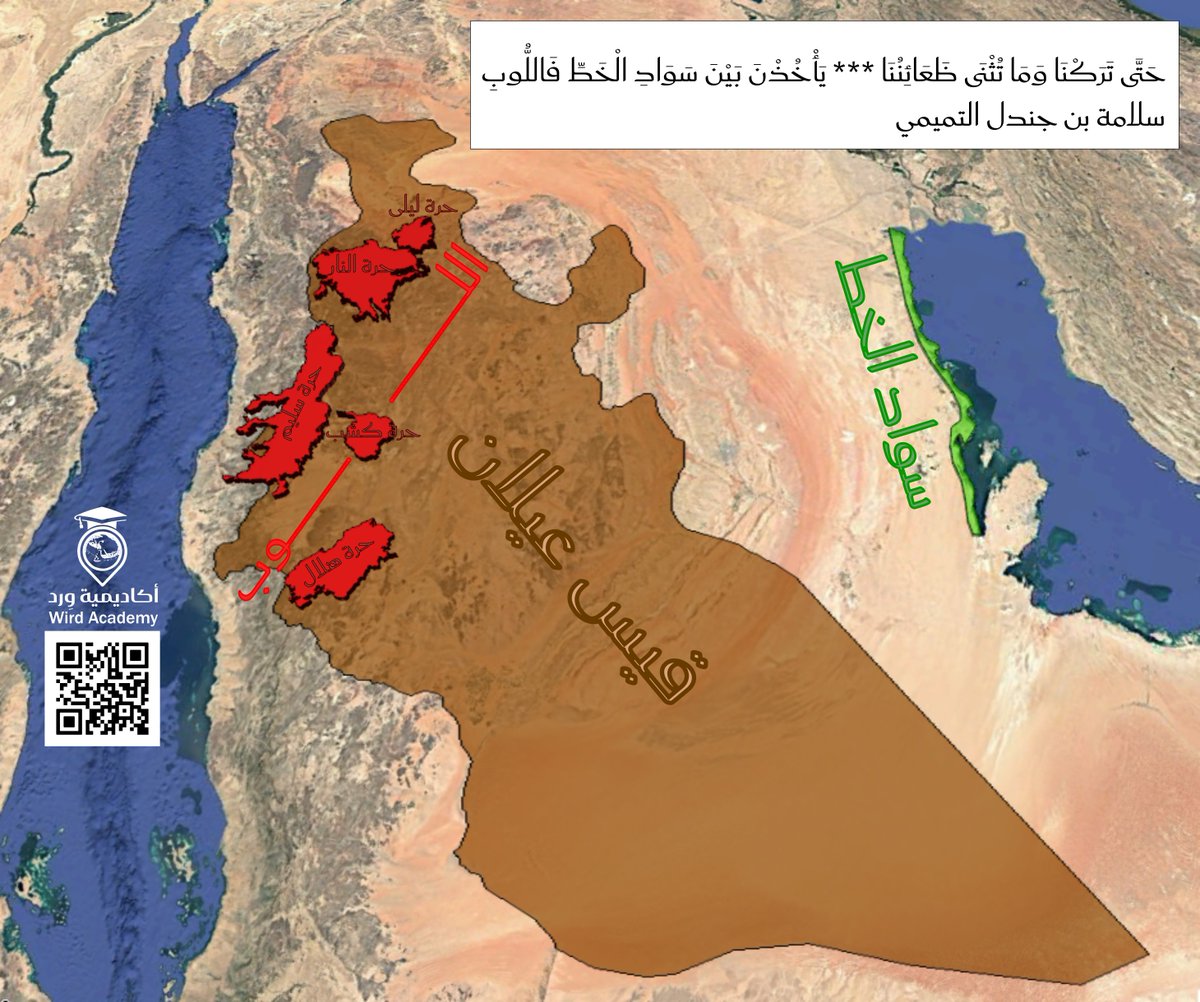 wirdacademy's tweet photo. البيت لسلامة بن جندل التميمي في أبيات :
كُنّا إِذا ما أتانا صارِخٌ فَـــزِعٌ
كانَ الصُراخُ لَهُ قَرعَ الظَنابيبِ
وشَدَّ كورٍ على وَجناءَ ناجِيَةٍ
وشَدَّ لِبدٍ على جَرداءَ سُرحوبِ
حتّى تُرِكنا وَما تُثنى ظَعائِنُنا
يأخُذنَ بَينَ سَوادِ الخَطِّ فَاللوبِ
المقام مقام فخر وتباهي بطول الخطوة وسعة الديار وبُعد المنتجع...
سواد الخط ، الخط الشريط الساحلي الشرقي للجزيرة العربية ،وسواده : مزارعه وبساتينه وقراه.
واللوب ، جمع لابة ، يستعيرها العرب للدلالة على الحِرار.