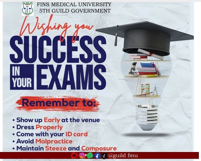 GuildFmu's tweet photo. To all FMU students…
Exams season is here and the 5th Guild Gov’t is cheering for you! 

Show up early, dress sharp, carry your ID, skip malpractice, keep your composure. 
The bulb is full - now let your ideas light up the paper 💡 All the best! https://t.co/xtibLw2lWy