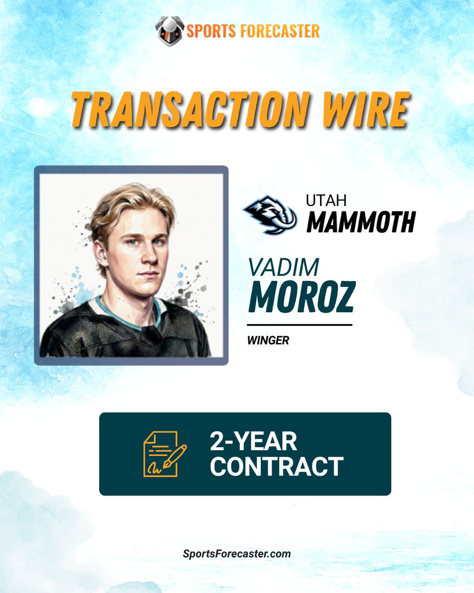 SpoFo's tweet photo. 🏒 TRANSACTION WIRE ➡️ Vadim Moroz (RW) signed by the Utah Mammoth to a two-year entry-level contract.

Moroz was our No. 9-ranked Utah prospect entering 2025-26. The Belarusian signs after a 29-pt season in 54 KHL games.

📰 More: https://t.co/McIrfsU67j

#NHL #Mammoth #TusksUp https://t.co/GUqadYtK0y