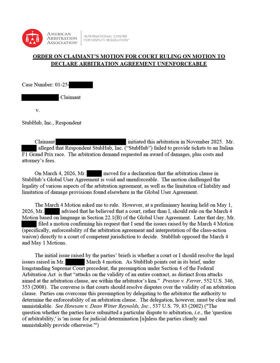 clementsbrad4d's tweet photo. Last week, an arbitrator blew up StubHub's convoluted arbitration agreement.  STUB has failed to pay required AAA fees in four of my clients' cases; it has moved it address for Notices of Dispute six times in one year; its addresses have oftentimes been vacant or undeliverable; it claims its liability in most cases is limited to $200 in damages (even if they failed to refund a consumer $8,000 for scam tickets); STUB requires consumers to contact them by certified mail at shifting, bogus addresses while STUB can email the consumer if it so chooses; and the list goes on and on.  They wanted to hide all of this in arbitration, but that's not working out so well for them.