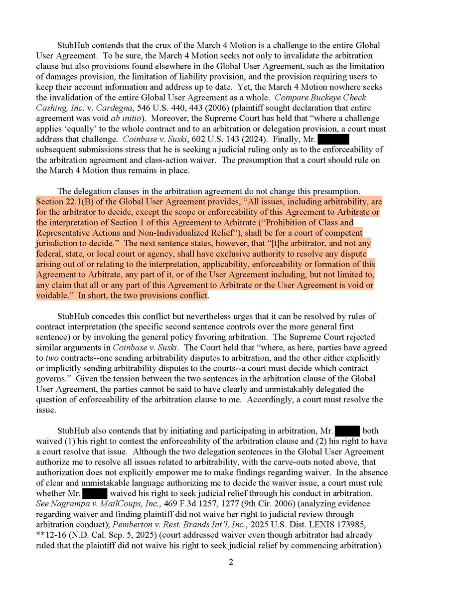 clementsbrad4d's tweet photo. Last week, an arbitrator blew up StubHub's convoluted arbitration agreement.  STUB has failed to pay required AAA fees in four of my clients' cases; it has moved it address for Notices of Dispute six times in one year; its addresses have oftentimes been vacant or undeliverable; it claims its liability in most cases is limited to $200 in damages (even if they failed to refund a consumer $8,000 for scam tickets); STUB requires consumers to contact them by certified mail at shifting, bogus addresses while STUB can email the consumer if it so chooses; and the list goes on and on.  They wanted to hide all of this in arbitration, but that's not working out so well for them.