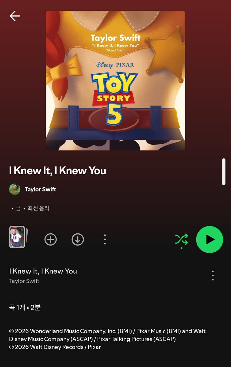 marcellusmko's tweet photo. Taylor Swift doesn't own the masters of ‘I Knew It, I Knew You’ 😲

#ToyStory5 https://t.co/UBoH7bSCfz