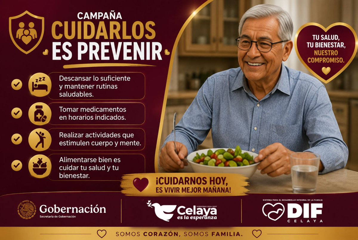 DIFcelaya's tweet photo. 👵🧓❤️Cuidarlos es Prevenir

En DIF Celaya sabemos que el bienestar de las personas adultas mayores es una prioridad. Pequeñas acciones diarias pueden hacer una gran diferencia en su salud y calidad de vida.

✅ Descansar lo suficiente y mantener rutinas saludables. https://t.co/fxtUdkPb8k