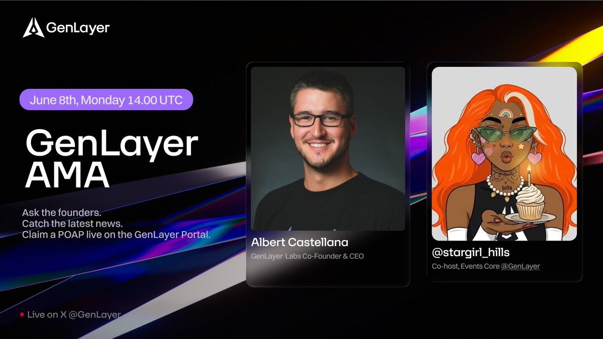 GenLayer's tweet photo. Our Co-Founder &amp; CEO, @kstellana, will be answering your questions live tomorrow.

Set a reminder &amp; send your questions 👇 https://t.co/iAgt4r29Zd