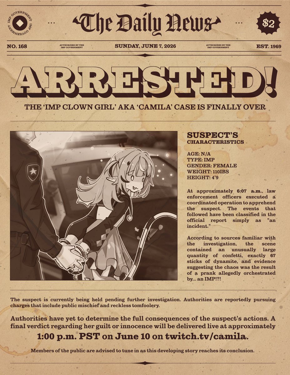 cumilq's tweet photo. 🚔🚨 A R R E S T E D ! 🚨🚔

📅 JUNE 10
⏰ 1:00 PM PST

Will she be found guilty or innocent?
