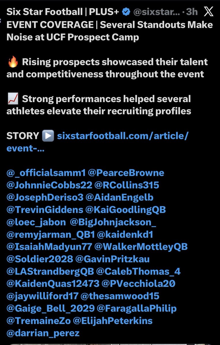 LAStrandbergQB's tweet photo. Thank you @sixstarfootball for the shout out for my performance at @UCF_Football camp.
@TEAMHUSTLEFB @DannyLockhartS1 @IRCSEagles @LeonardWeaver @TheQBEngineer @Coach_Stanfield @Andrew_Ivins @Andy_Villamarzo @SuncoastPreps @PrepRedzoneFL #SOAR https://t.co/uqCLqboMA2